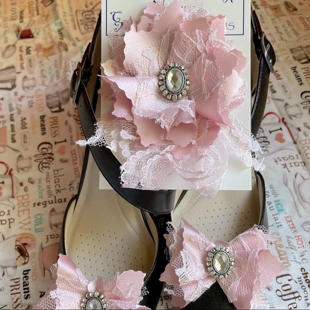 Pink Satin and Lace shoe clip w rhinestone